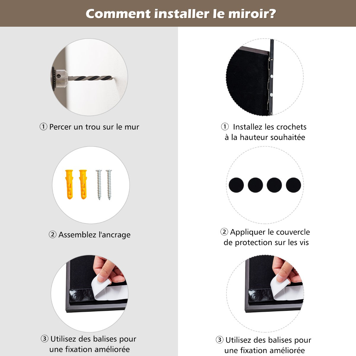 Full Length Wall-Mounted Mirror with Height Adjusting Hooks-Brown