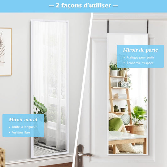 Full Length Wall-Mounted Mirror with Height Adjusting Hooks-White