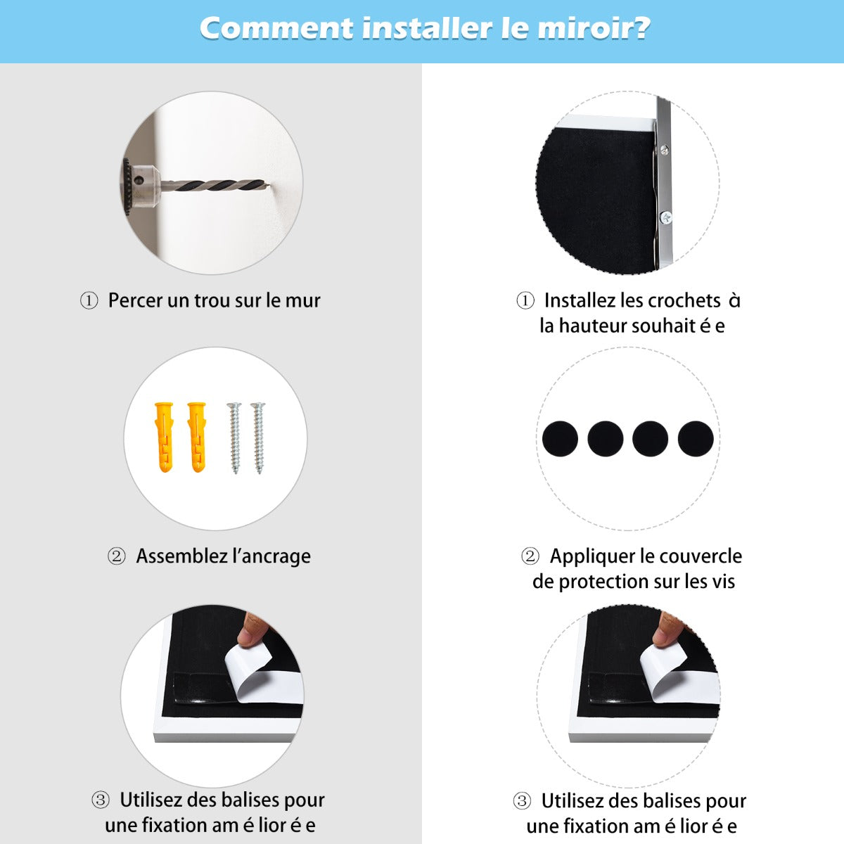 Full Length Wall-Mounted Mirror with Height Adjusting Hooks-White