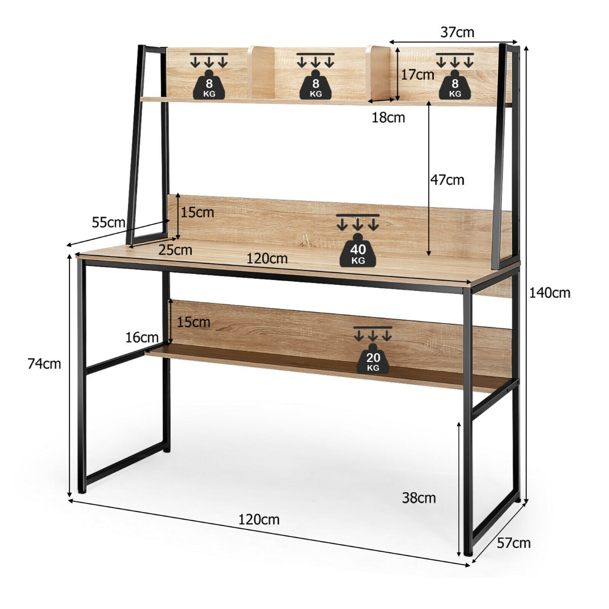 2 in 1 Computer Desk with Storage Bookshelf for Bedroom-Natural