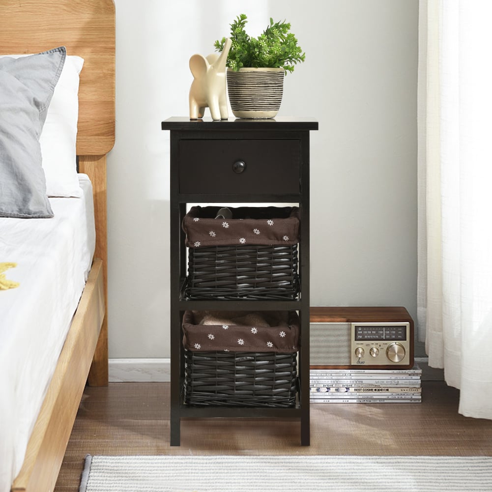 Bedside Table Made of Paulownia Wood in Country House Style-Black-2 Pieces