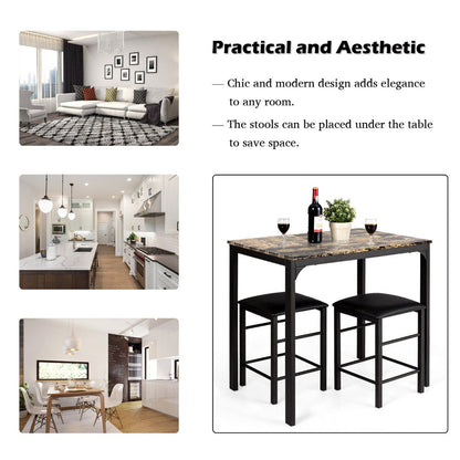 3 Piece Dining Table Set with 2 Faux Leather Backless Stools-Coffee