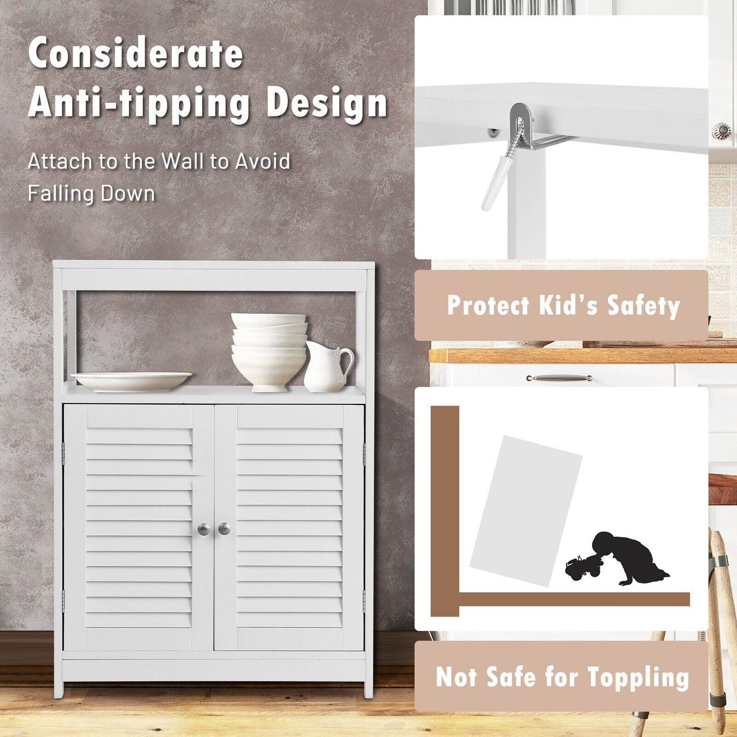 Bathroom Floor Cabinet with Double Shutter Door and Adjustable Shelf-White