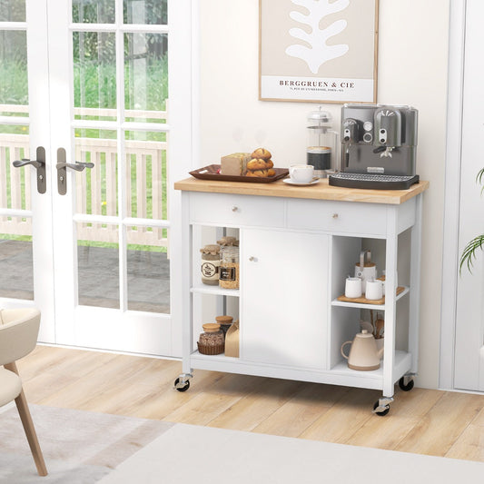 Mobile Kitchen Island Cart Rolling Kitchen Island with Rubber Wood Top-White