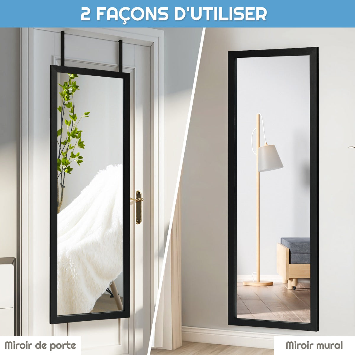 Wall Mounted Dressing Mirror with Hanging Hooks for Bedroom Black