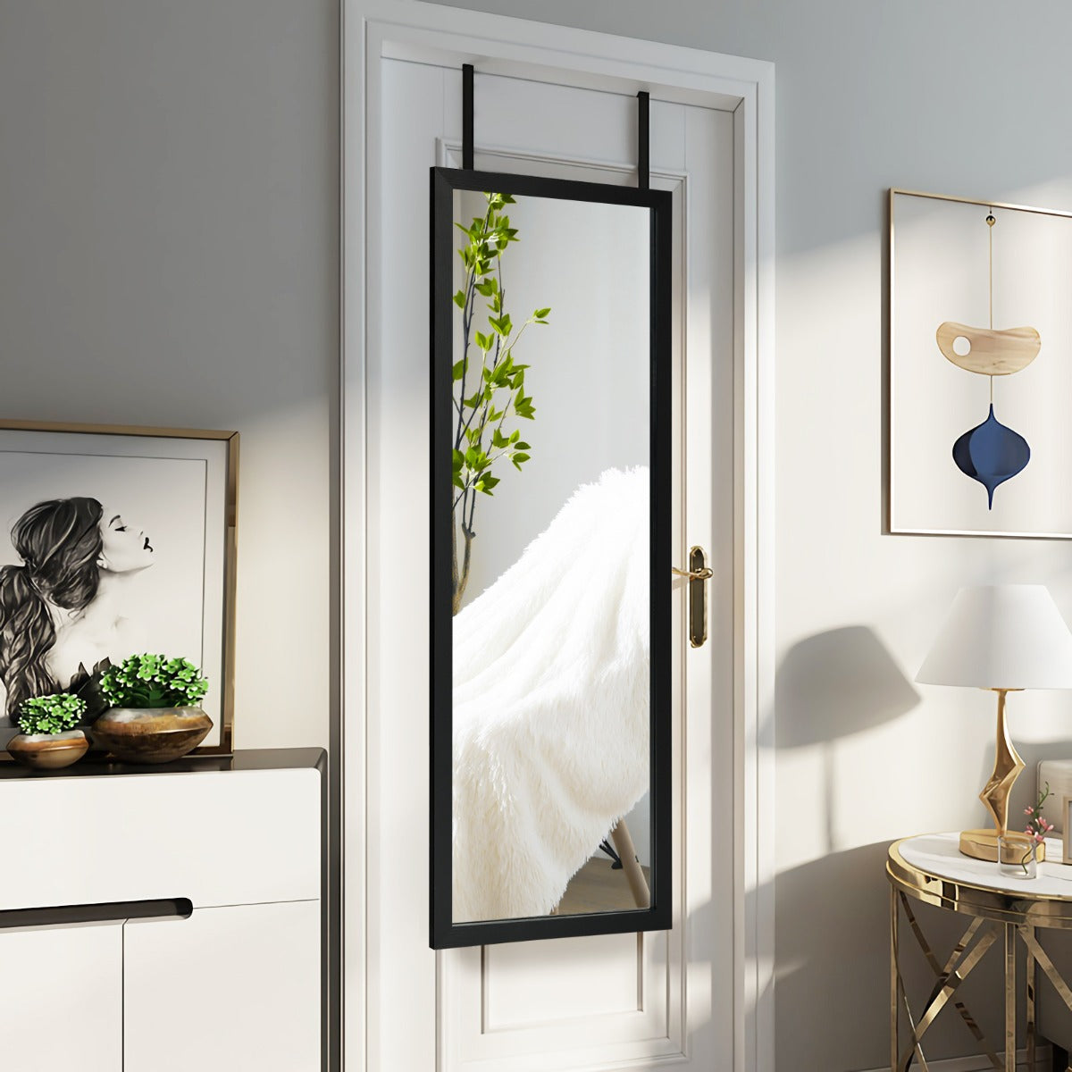 Wall Mounted Dressing Mirror with Hanging Hooks for Bedroom Black