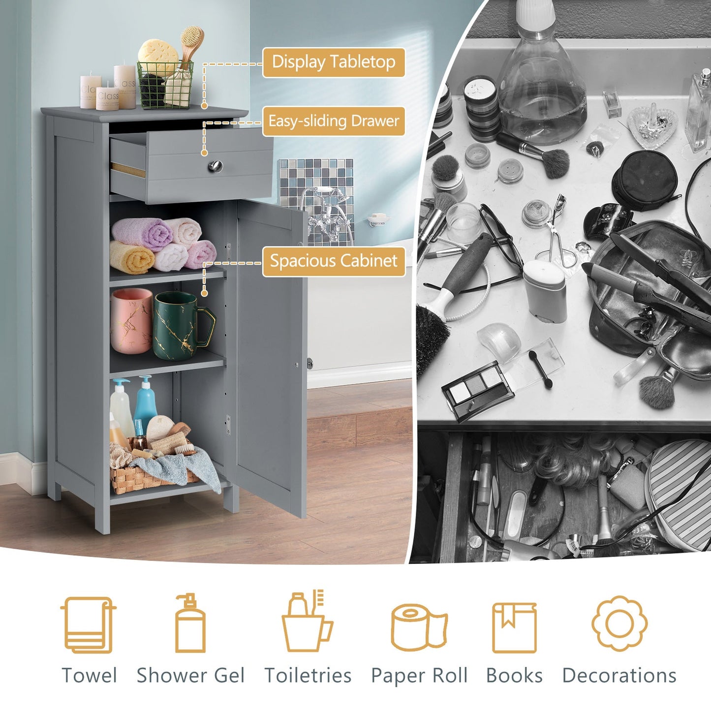 Floor Cabinet with Practical Drawer and 3-level Adjustable Shelves for Living Room/Bedroom-Gray