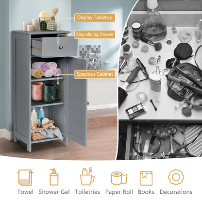 Floor Cabinet with Practical Drawer and 3-level Adjustable Shelves for Living Room/Bedroom-Gray