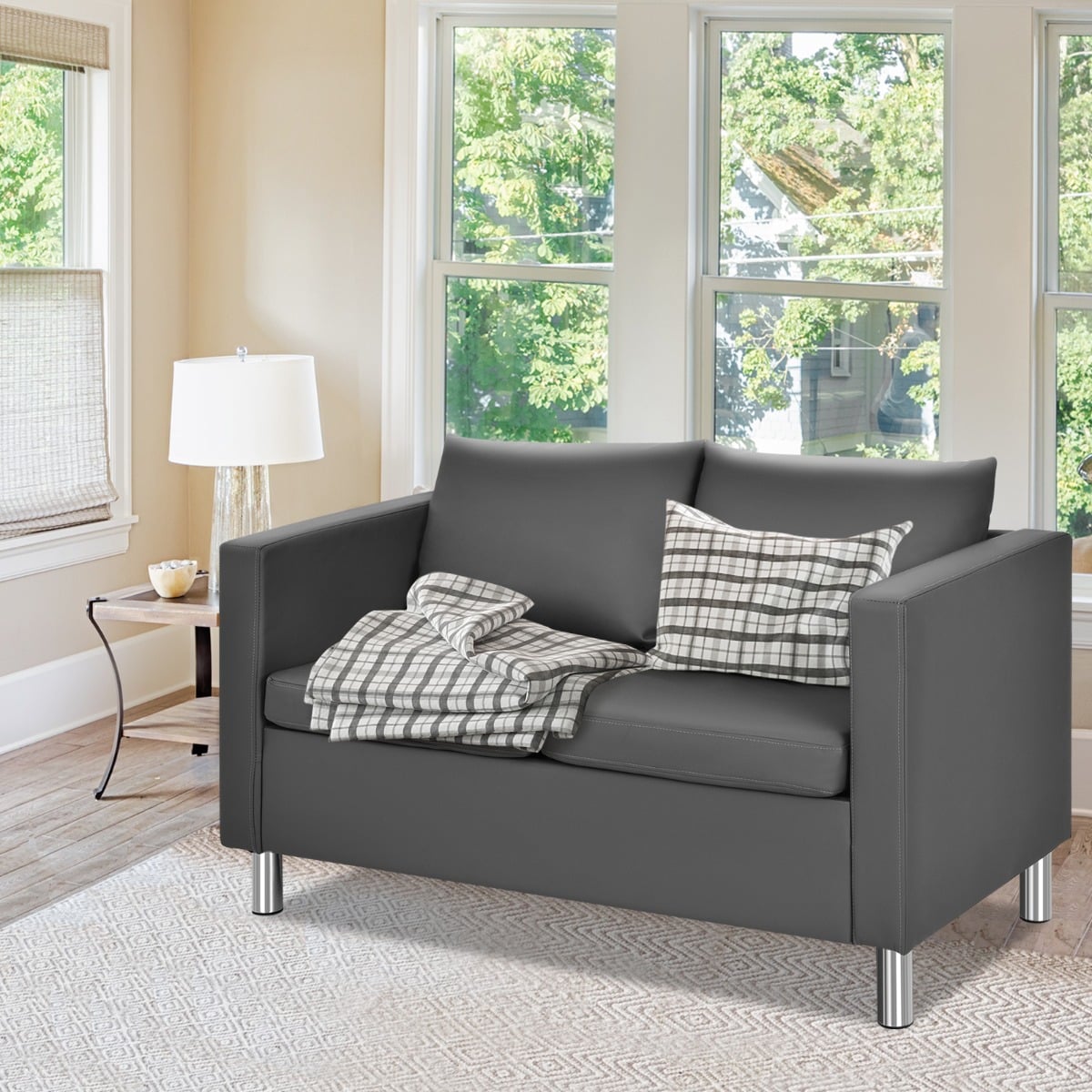 2-Seater PU Leather Accent Tub Sofa Loveseat  with Pillows