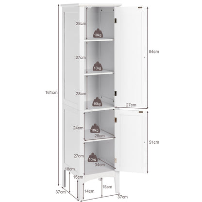 2-Door 160cm High Freestanding Bathroom Cabinet with 5-Tier Shelves-White