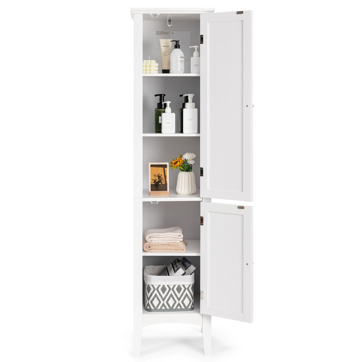 2-Door 160cm High Freestanding Bathroom Cabinet with 5-Tier Shelves-White