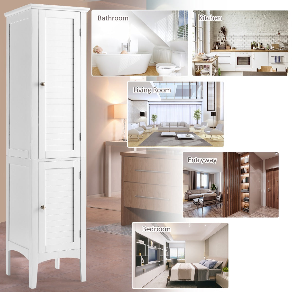 2-Door 160cm High Freestanding Bathroom Cabinet with 5-Tier Shelves-White