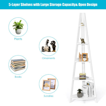 5-Tier Freestanding Wooden Storage Corner Shelf for Home Office-White