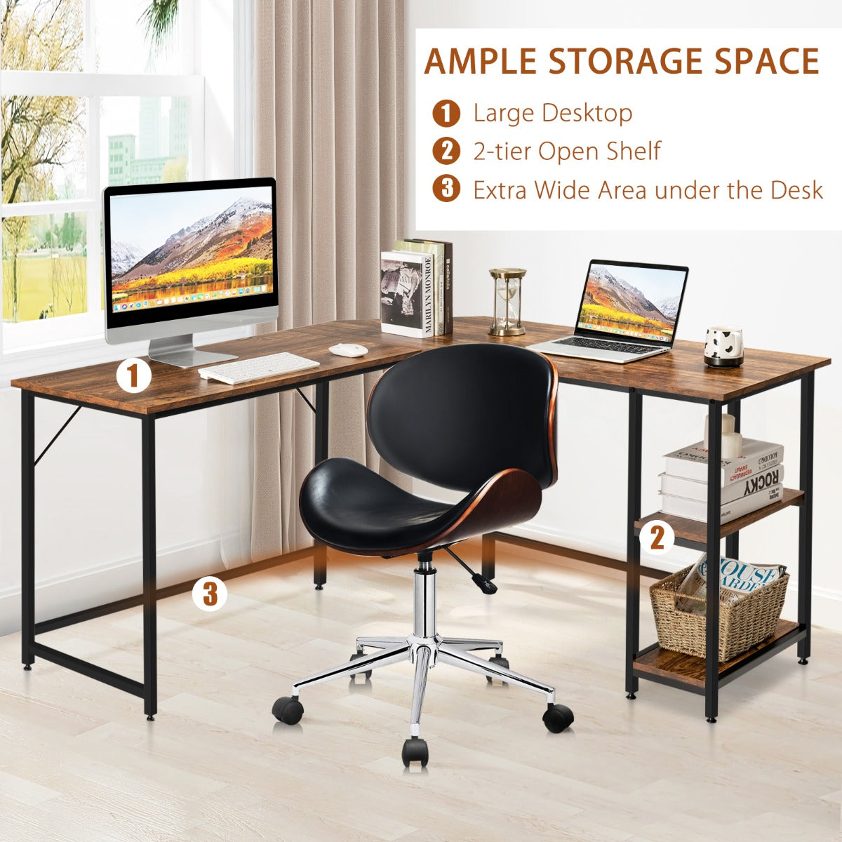 L-Shaped Desk with 2-Tier Storage Shelf for Home