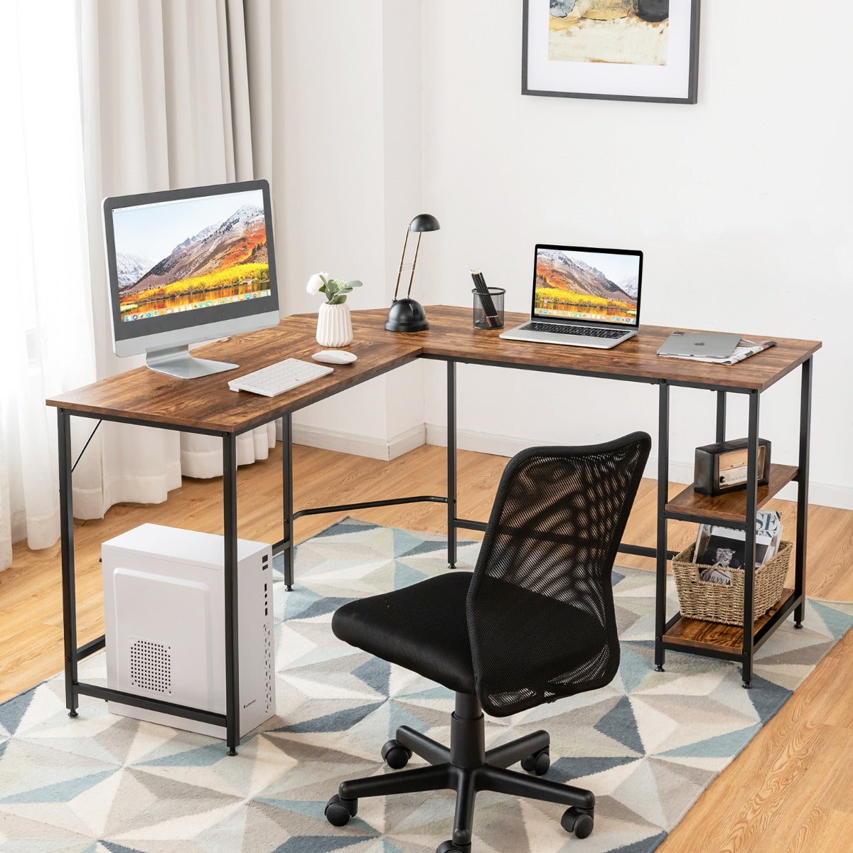 L-Shaped Desk with 2-Tier Storage Shelf for Home