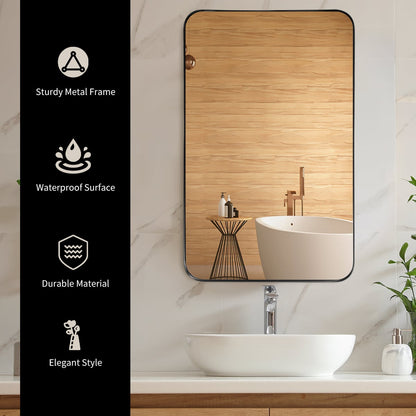 Bathroom Wall Mirror with Rounded Corner for Washroom-Black