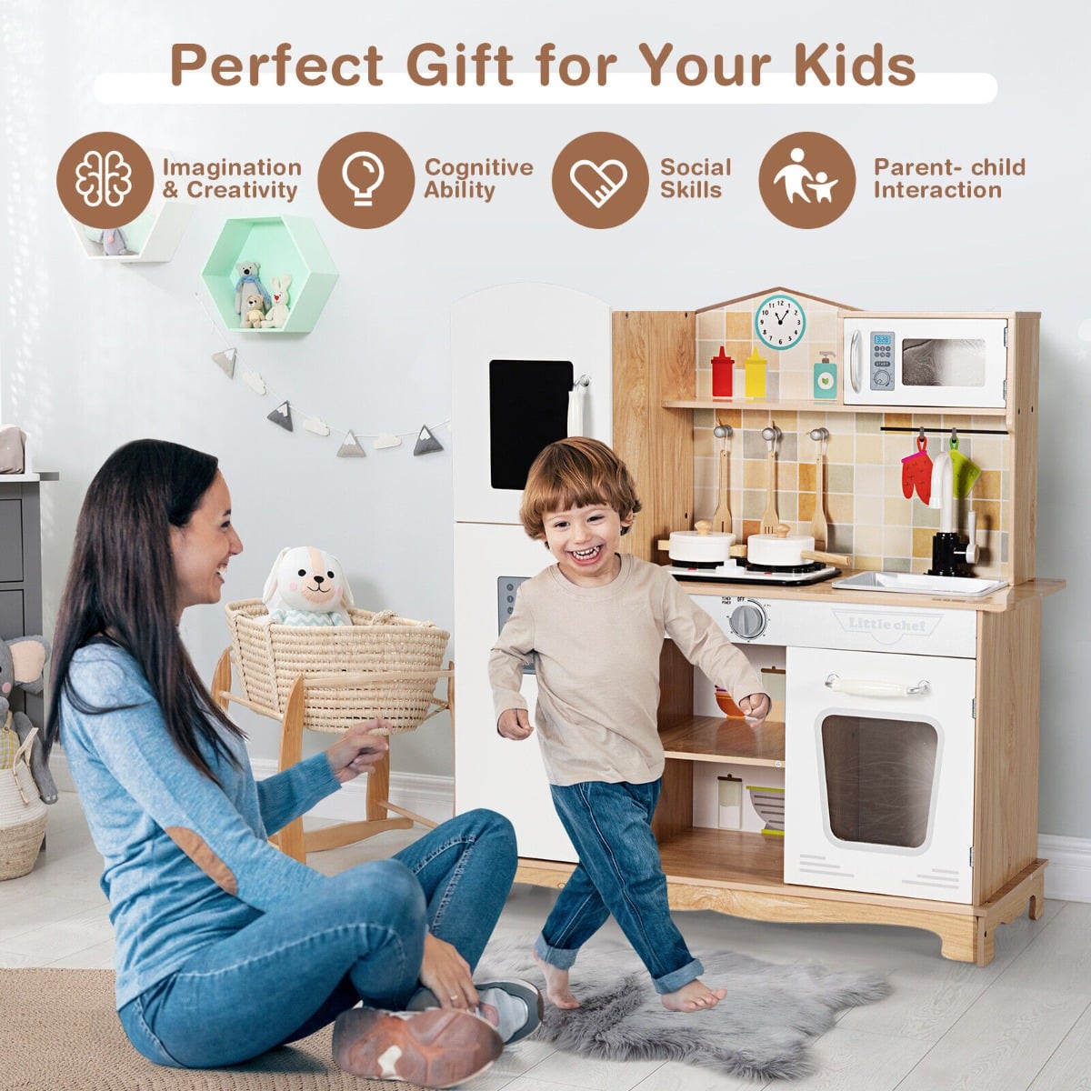 Wooden Pretend Kids Play Kitchen with Sound Chef Role Playing and Light
