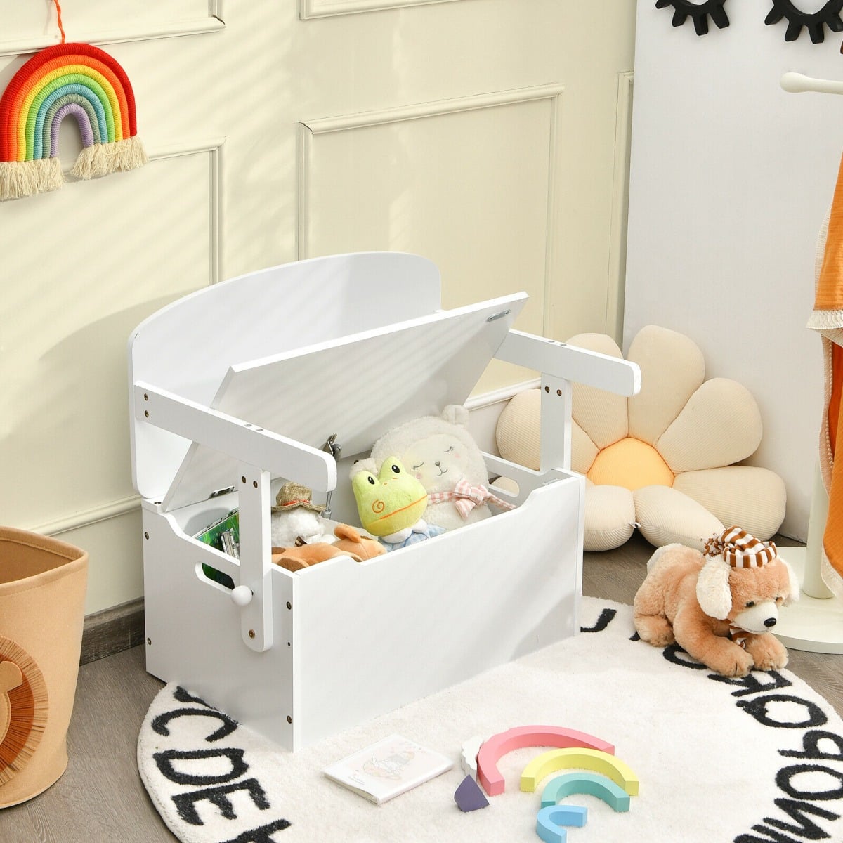3-in-1 Kids Table and Chair Set with Toy Storage Box-White