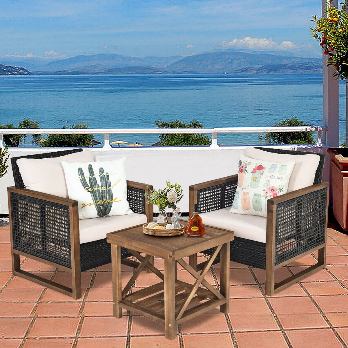 3 Pieces Outdoor Rattan Furniture Bistro Set with Cushioned Sofas-Beige