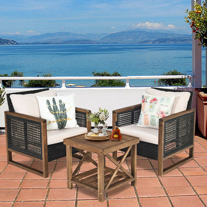 3 Pieces Outdoor Rattan Furniture Bistro Set with Cushioned Sofas-Beige