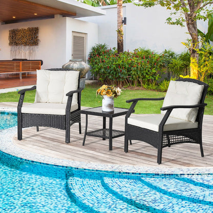 3 Pieces Wicker Furniture Set with 2-Tier Coffee Table for Outdoor