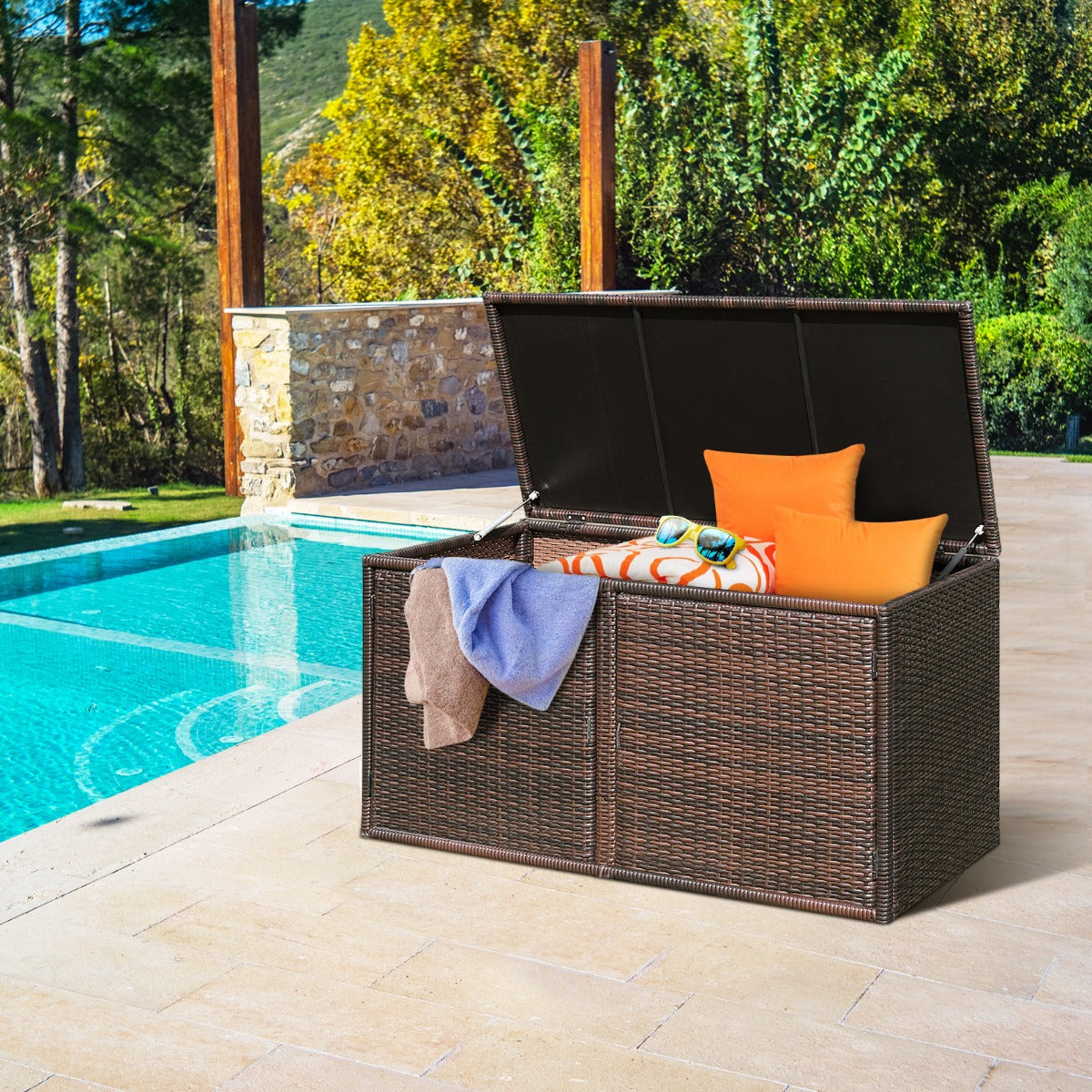 330L 2-Tier Outdoor PE Wicker Storage Box with Lid and Front Doors-Brown
