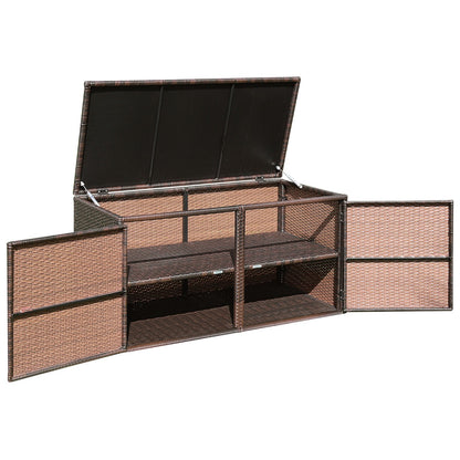 330L 2-Tier Outdoor PE Wicker Storage Box with Lid and Front Doors-Brown