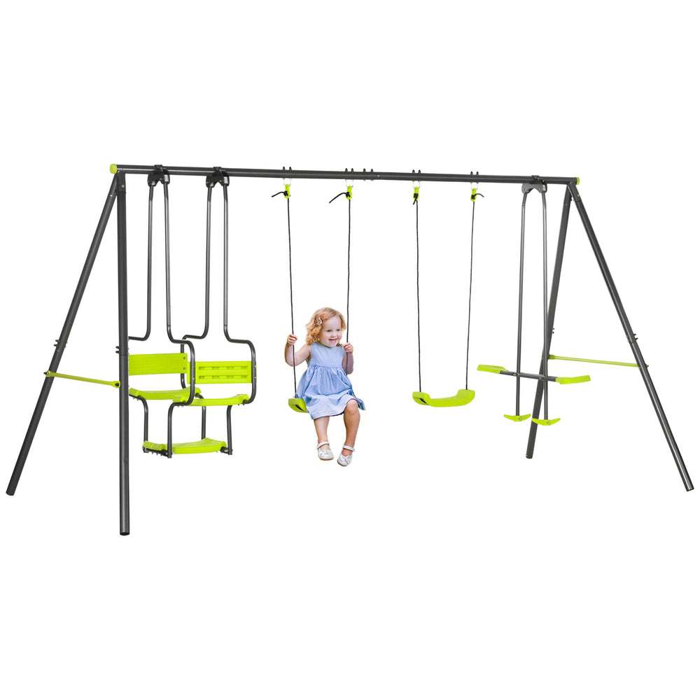Outsunny Metal Garden Swing Set with Double Swings, Glider, Swing Seats - Green