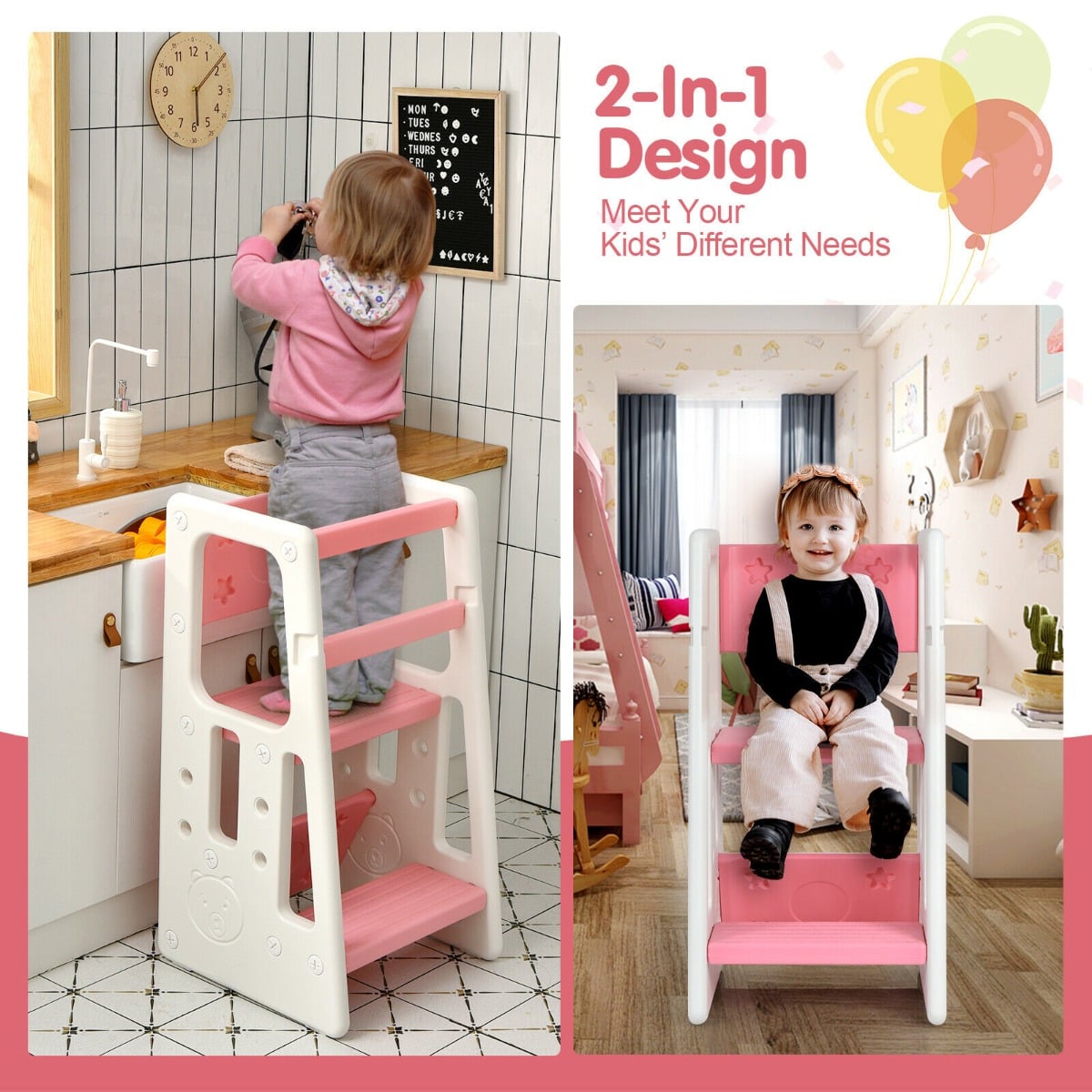 Kids Non-slip Kitchen Step Stool with Double Safety Rails-Pink