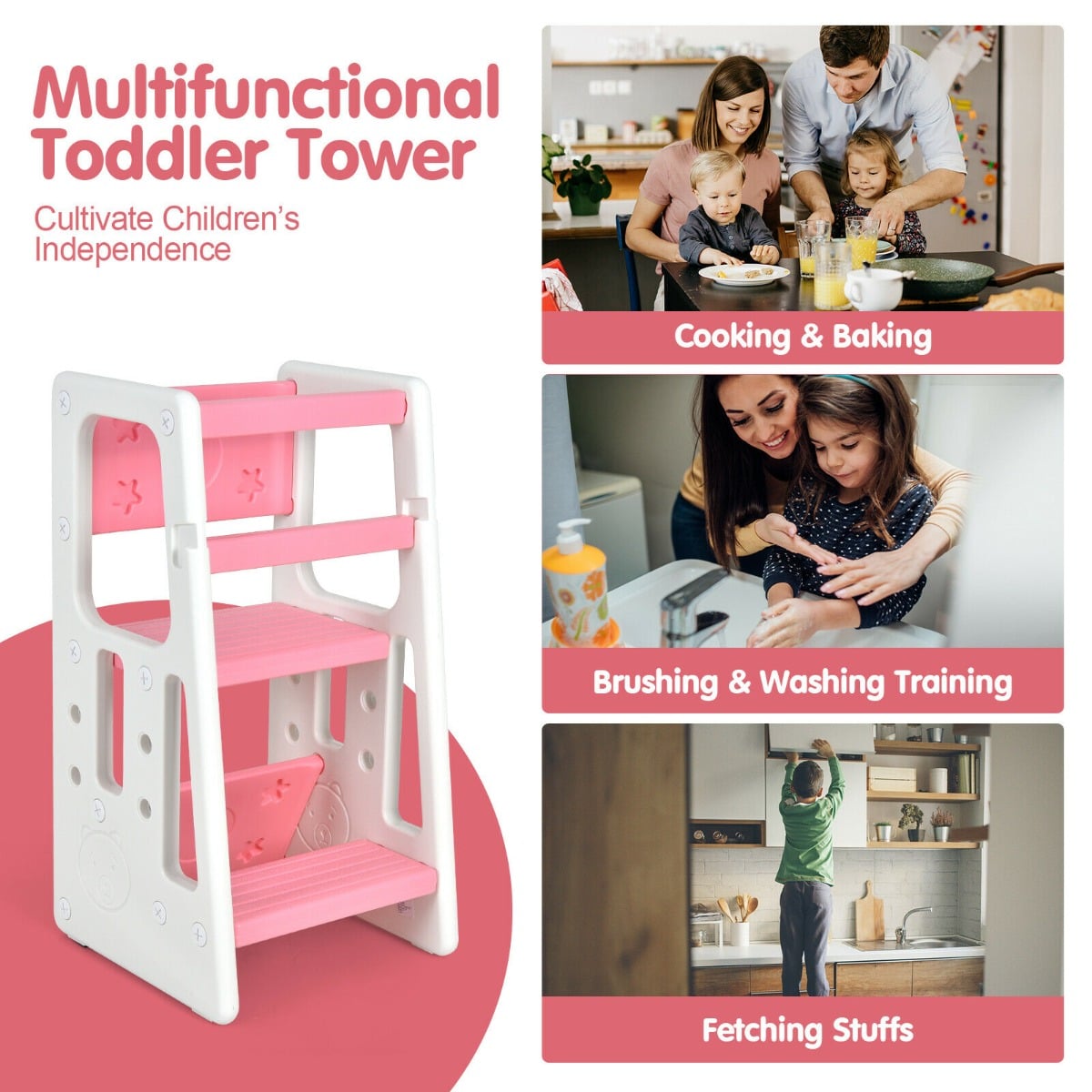 Kids Non-slip Kitchen Step Stool with Double Safety Rails-Pink
