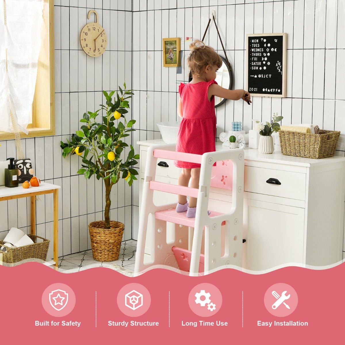 Kids Non-slip Kitchen Step Stool with Double Safety Rails-Pink
