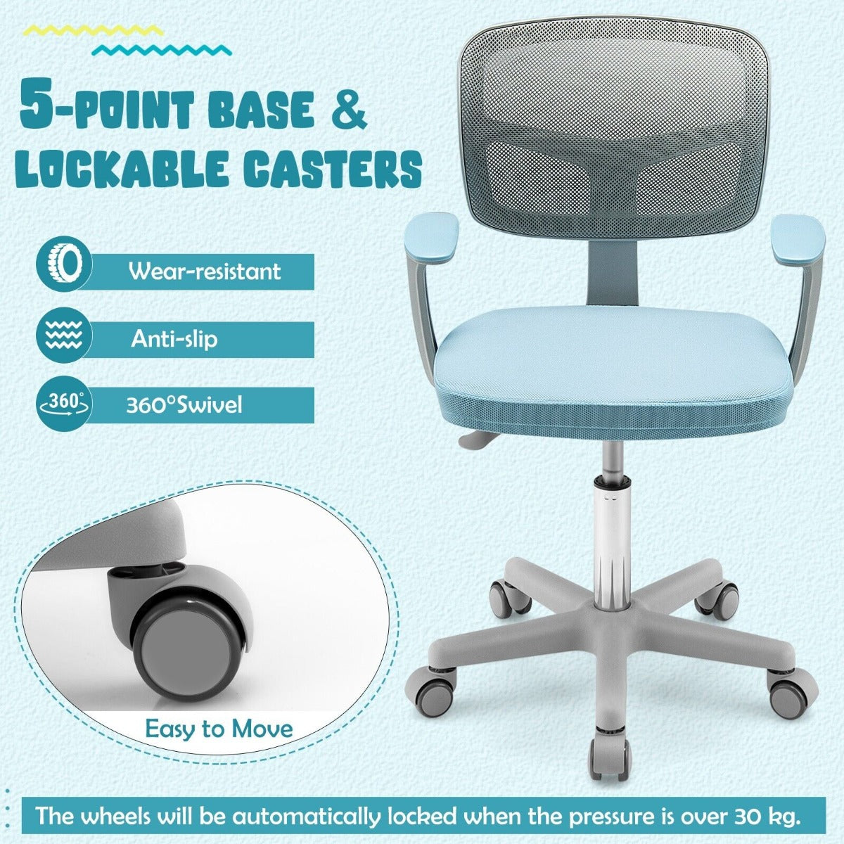 Kids Height-Adjustable Swivel Computer Desk Chair with Lumbar Support-Blue