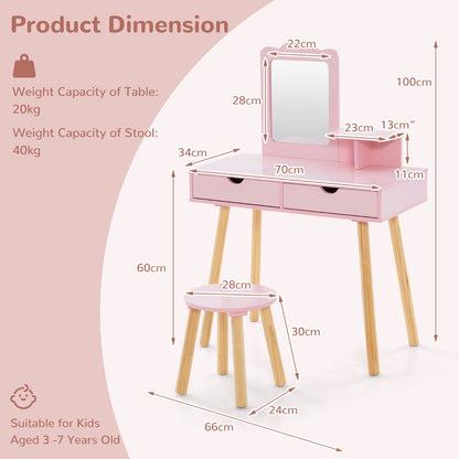 Kids Vanity Table and Stool Set with Square Mirror and Storage Shelf-Pink