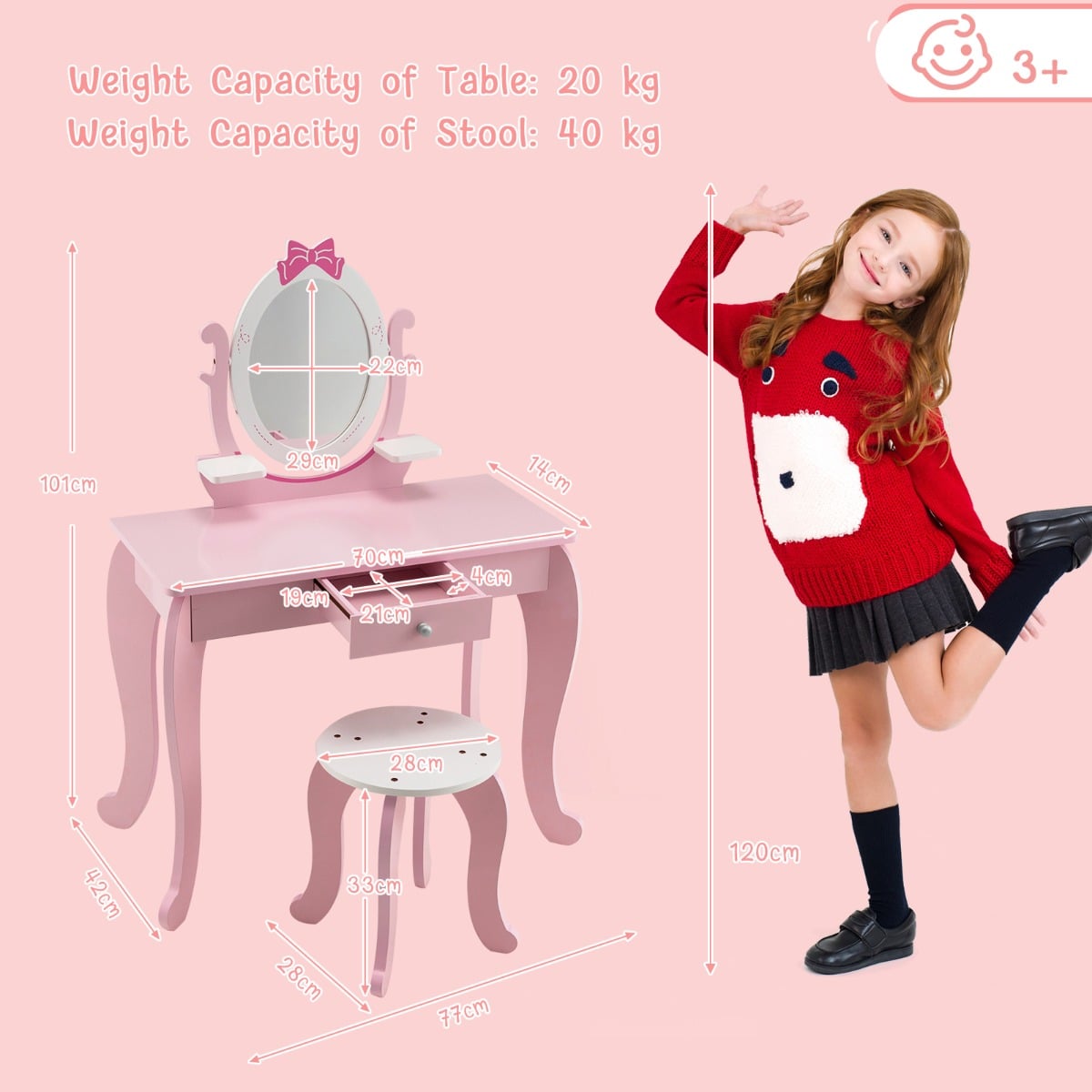 2 in 1 Kids Vanity Table with Stool and 360° Rotating Mirror-Pink &amp; White