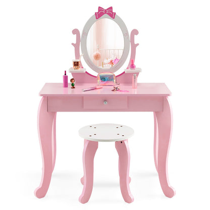 2 in 1 Kids Vanity Table with Stool and 360° Rotating Mirror-Pink &amp; White