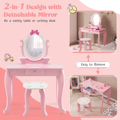 2 in 1 Kids Vanity Table with Stool and 360° Rotating Mirror-Pink &amp; White