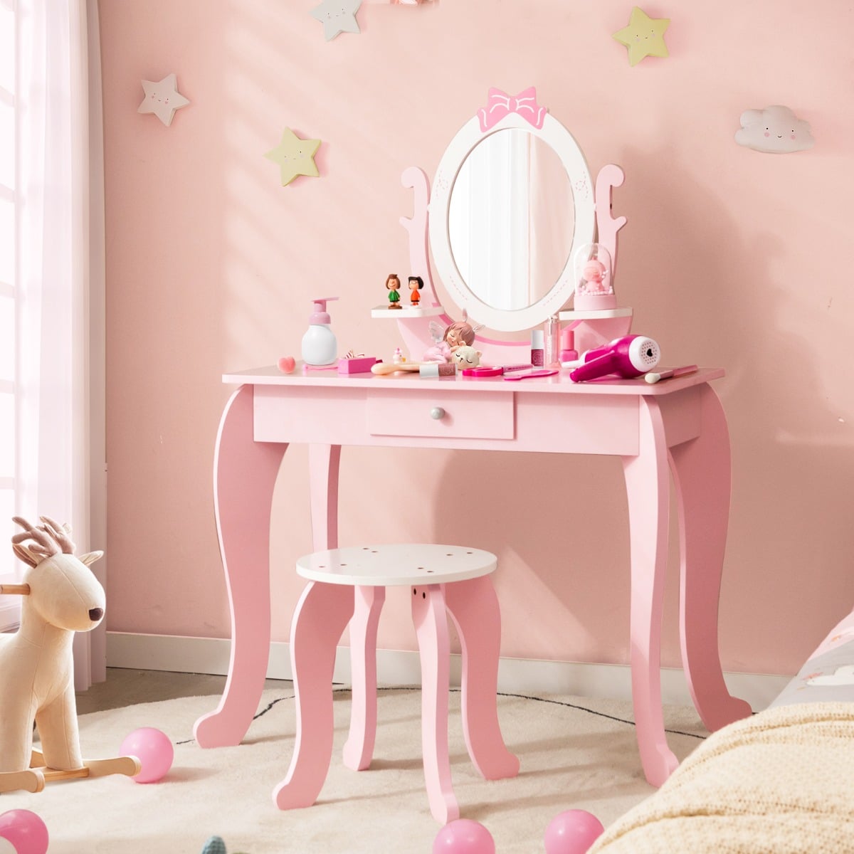 2 in 1 Kids Vanity Table with Stool and 360° Rotating Mirror-Pink &amp; White