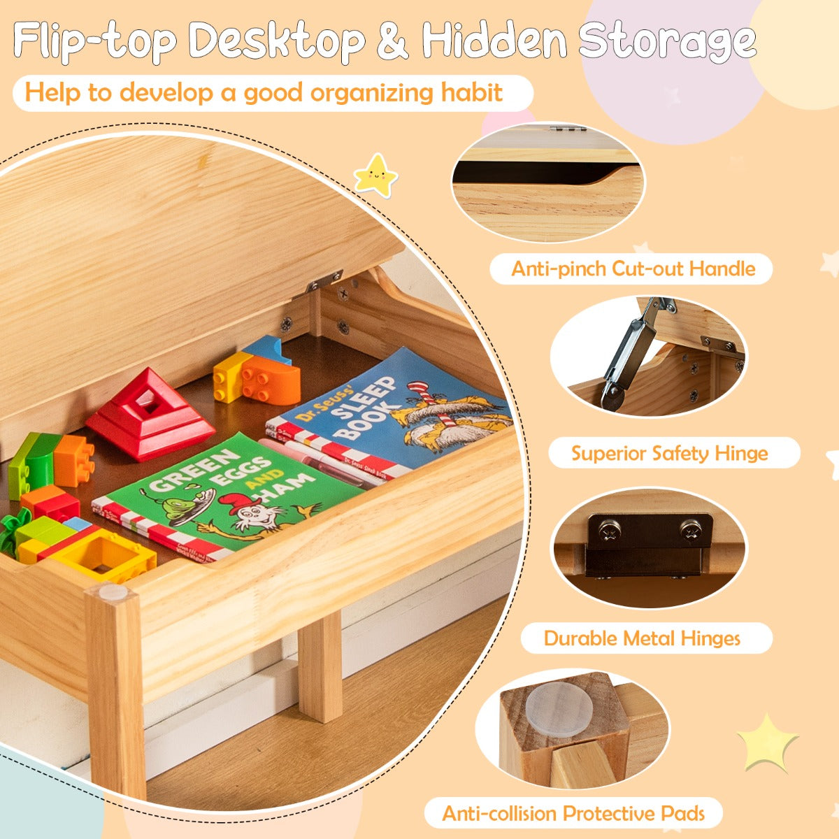Toddler Activity Table with Chair with Storage and Paper Roll Holder-Natural