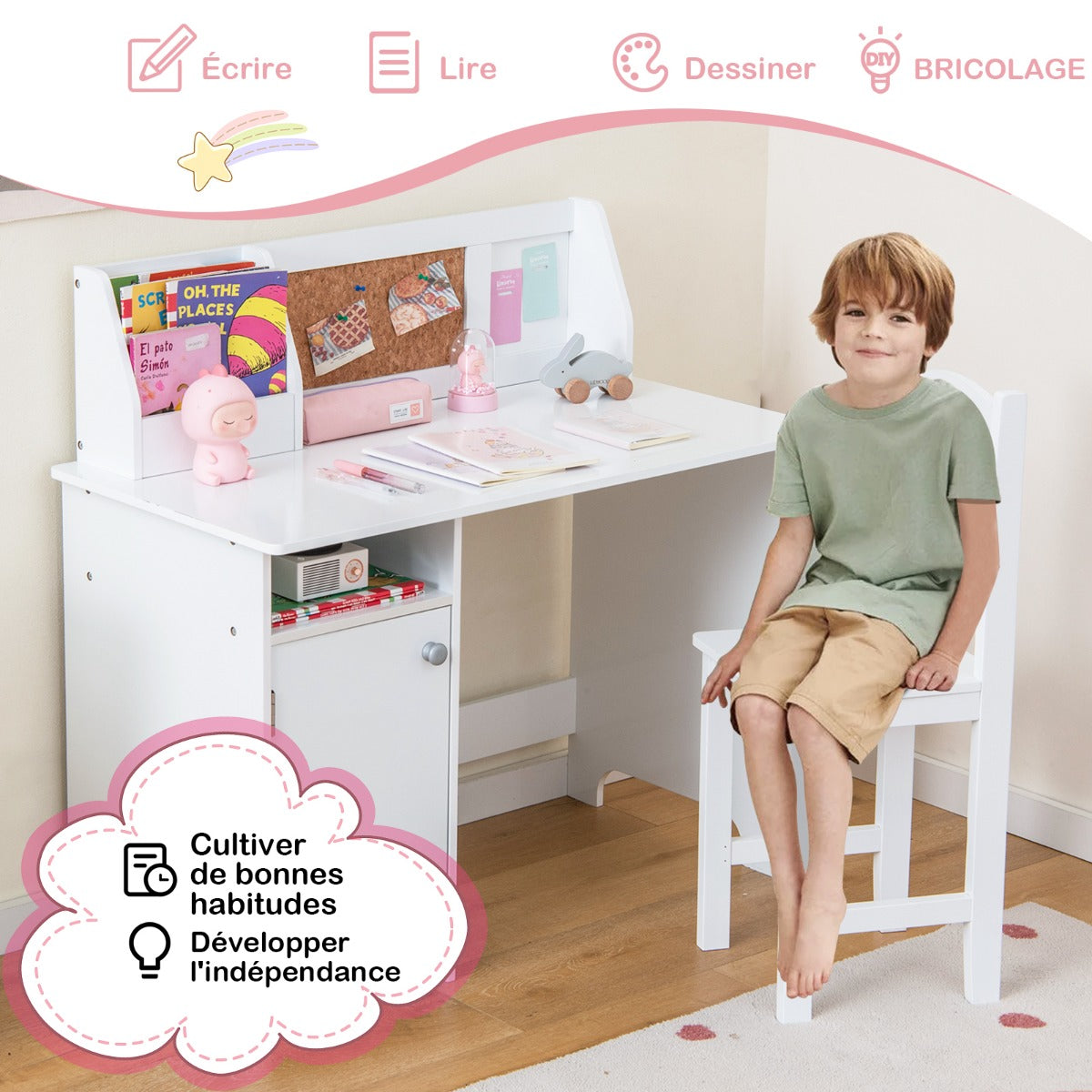 Kids Desk with Chair Whiteboard Marker Cabinet and Noticeboard, Student Table and Chair Set for 3+ Years White