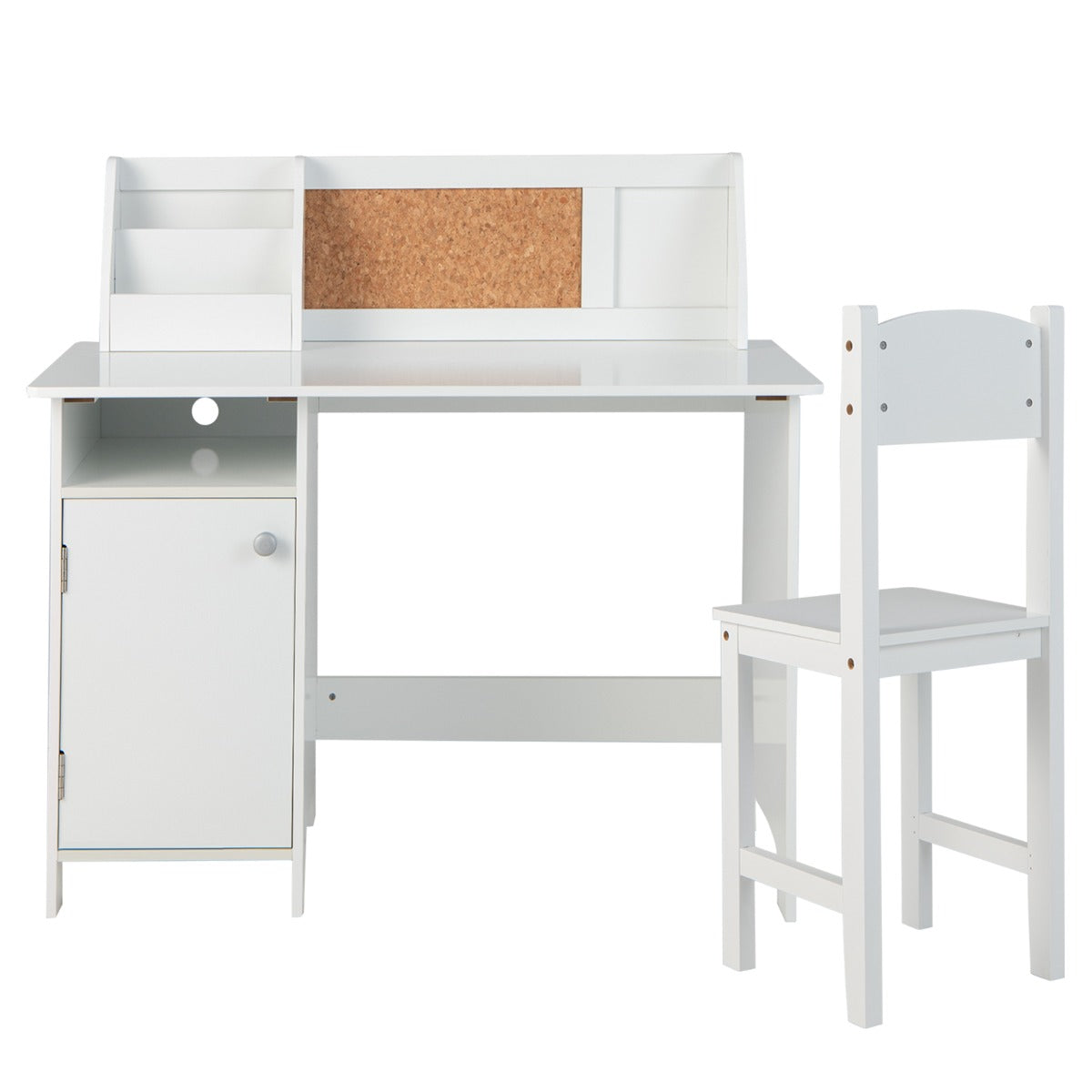 Kids Desk with Chair Whiteboard Marker Cabinet and Noticeboard, Student Table and Chair Set for 3+ Years White