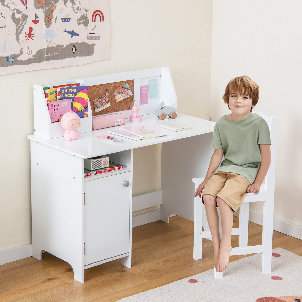 Kids Desk with Chair Whiteboard Marker Cabinet and Noticeboard, Student Table and Chair Set for 3+ Years White