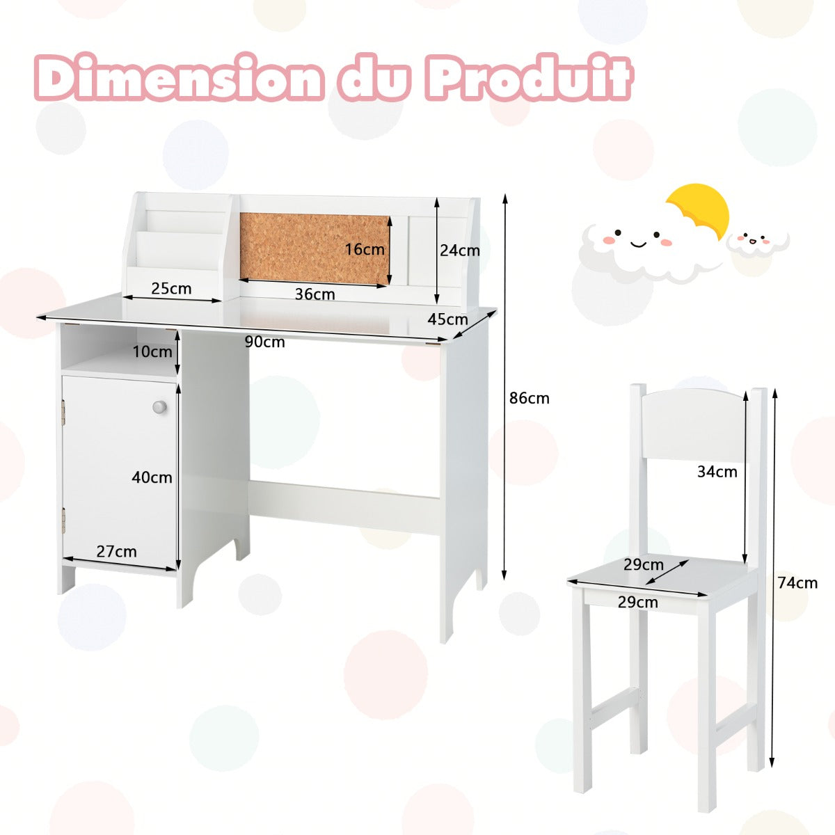 Kids Desk with Chair Whiteboard Marker Cabinet and Noticeboard, Student Table and Chair Set for 3+ Years White