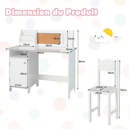 Kids Desk with Chair Whiteboard Marker Cabinet and Noticeboard, Student Table and Chair Set for 3+ Years White