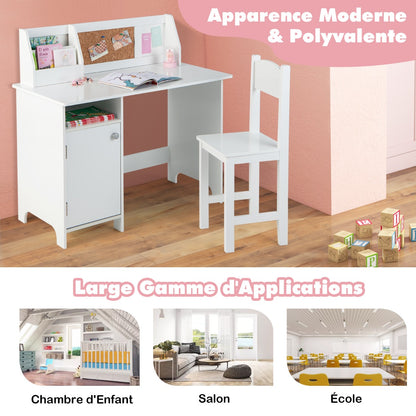 Kids Desk with Chair Whiteboard Marker Cabinet and Noticeboard, Student Table and Chair Set for 3+ Years White