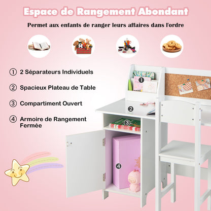 Kids Desk with Chair Whiteboard Marker Cabinet and Noticeboard, Student Table and Chair Set for 3+ Years White