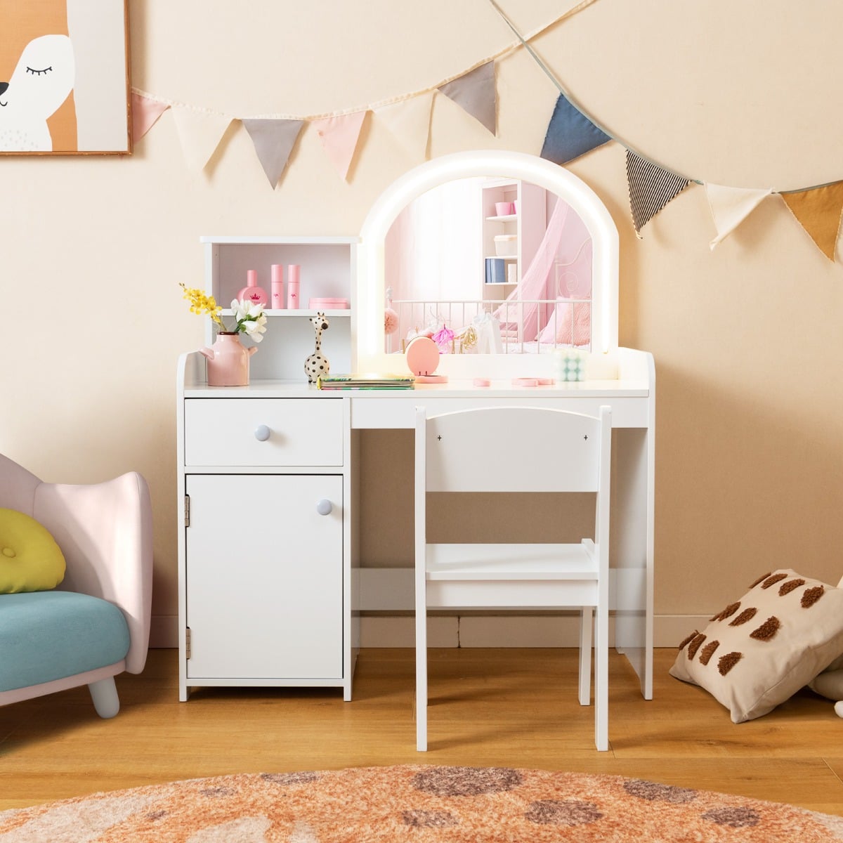 Kids Vanity Table and Chair Set with Shelves Drawer and Cabinet-White