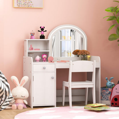 Kids Vanity Table and Chair Set with Shelves Drawer and Cabinet-White
