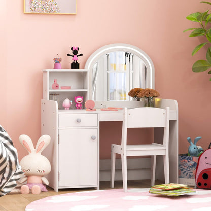 Kids Vanity Table and Chair Set with Shelves Drawer and Cabinet-White