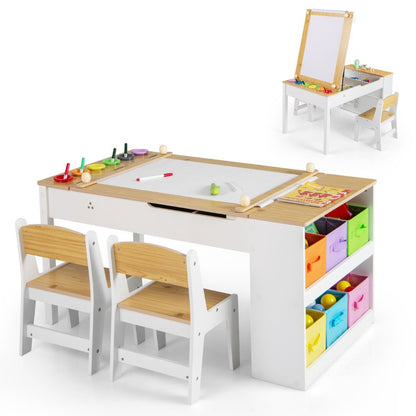 2-in-1 Kids Art Table and Easel Set with Chairs and Liftable Tabletop-Natural