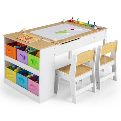 2-in-1 Kids Art Table and Easel Set with Chairs and Liftable Tabletop-Natural